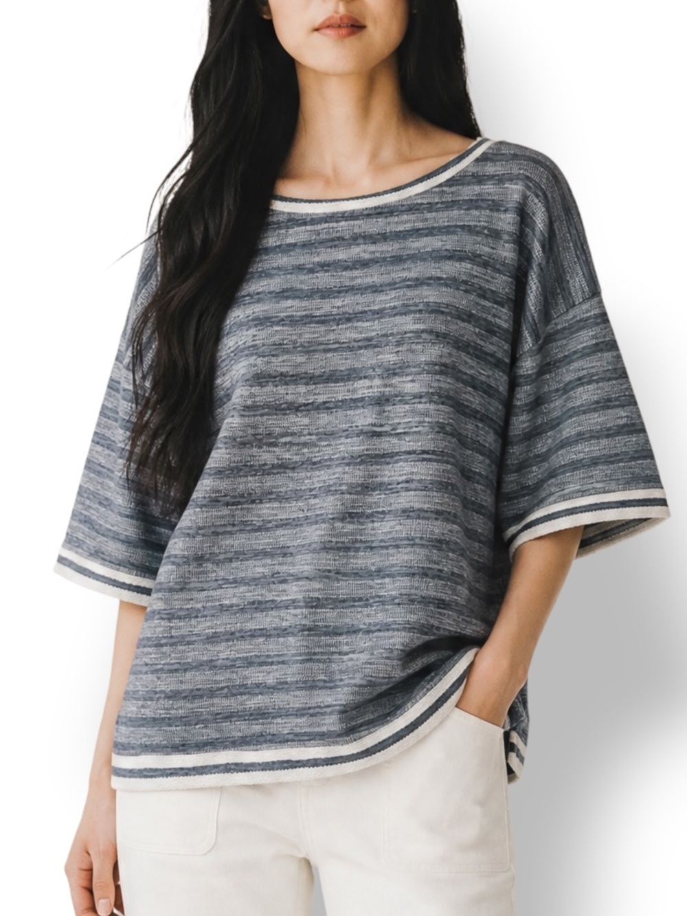 4/$20 Soft Surroundings Blue Gray Striped Knit Top Boat Neck 3/4 Sleeve Small